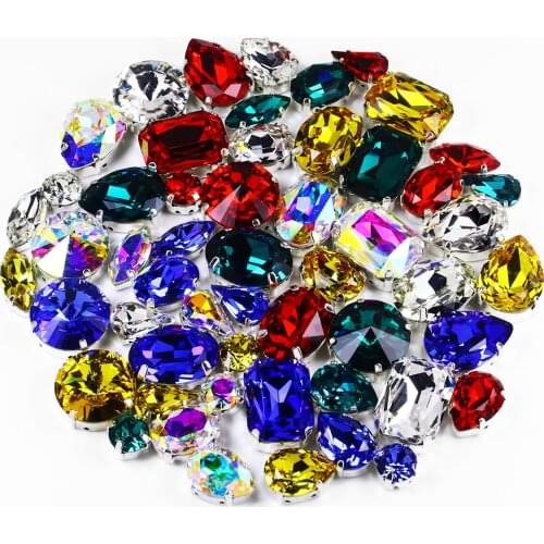 26Pcs/Bag Silver Claw Setting Shapes Mix Clear Glass Crystal Sew on Rhinestone Wedding Dress Shoes Bag Diy Trim Needlework