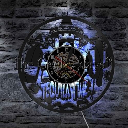 Tequila Time Alcohol Drink Vinyl Record Wall Clock LED Wall Light Color Change Beer Sombrero Cactus Lemon LED Night Light