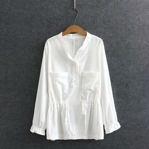 Plus Size XL-4XL Women V-neck Slim Waist Long Sleeves Blouse Vintage White Black Solid Elegant Official Blusas Casual Tops