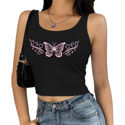 Women’s Summer U-neck Vest Fashion Butterfly Embroidery Exposed Navel Sleeveless Tops