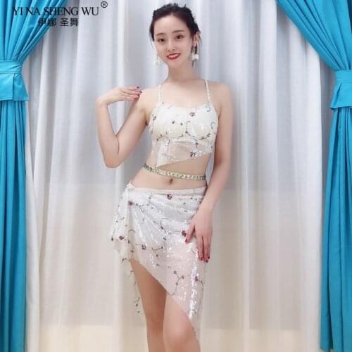 New Female Belly Dance Top+Hip scarf Sexy Mesh Bead Sequin Dress Bellydance Practice Performance Clothes Elegant Stage Show Wear
