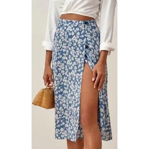2021 summer women Bohemia Floral Print High Waist Long Skirt Buttons holiday Vintage Squiggle Front Slit Skirts Fashion Party