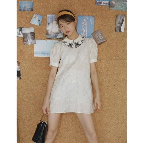 Retro Puff Sleeve Cute Kawaii Dress 2021 Summer New Embroidery Lapel White Dress