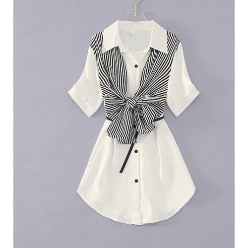 Women Chic Fashion Button-up Striped Patchwork Mini Shirt Dress Vintage Short Sleeve Fashion White Black Dresses Vestidos New