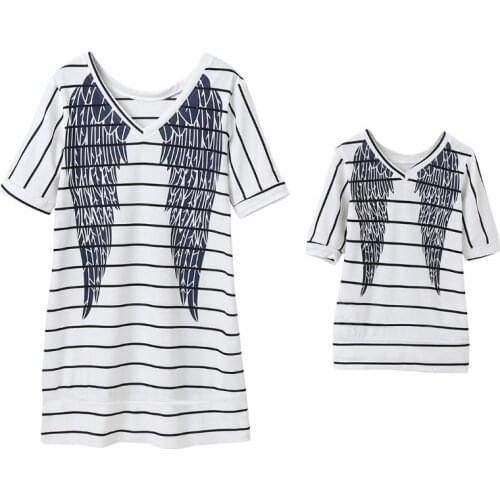 2020 summer Girl Fashion Family Matching Outfits Mother Daughter Short sleeve Cartoon wing stripe Dresses Parent Child Outfits