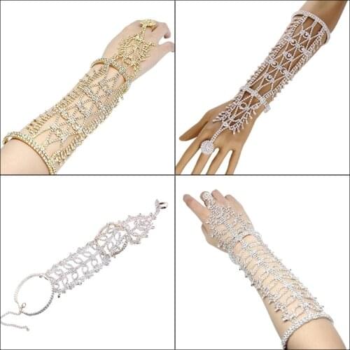 Rhinestone Arm Cuff Armlet Bracelet Ring Leaves Tassel Jewelry Hand Chain Bangle