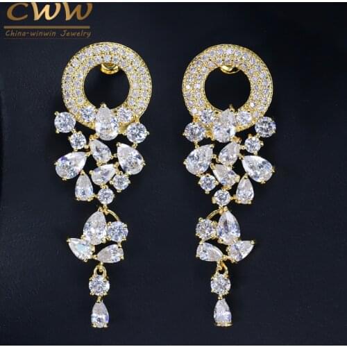 CWWZircons Gorgeous White Cubic Zirconia Paved Long Drop Yellow Gold Color Women Wedding Earrings Jewelry For Brides CZ106