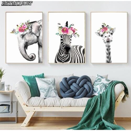 Home Decoration Canvas Painting Nordic Cute Flowers Animal Giraffe Zebra and Elephant Wall Art Paintings Abstract Room Decor
