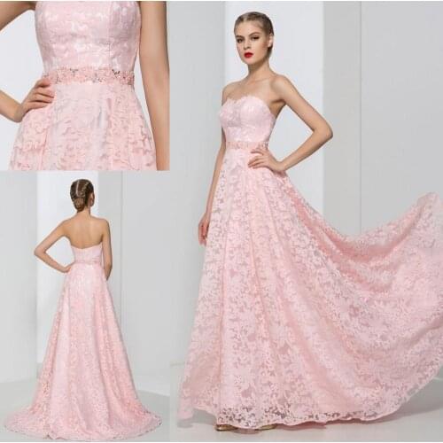 Dramatic Sweetheart Beading Lace Pink Prom Dresses Vestidos de Festa Elegant Long Evening Party Dress Girls Homecoming Dress