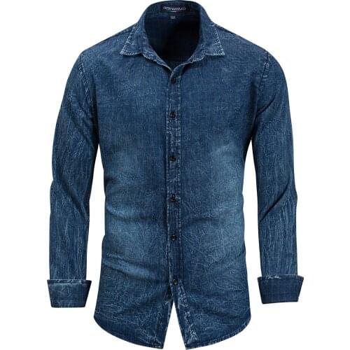 European and American Mens Long-sleeved Cotton Denim Shirt Nostalgic Military Shirt