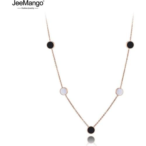 JeeMango Bohemia Stainless Steel Round Black Acrylic & White Shell Chain Pendant Necklaces For Women Choker Necklace JN19172
