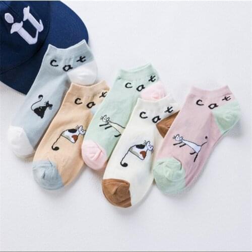 5 Pairs Womens Ankle Cotton Socks Funny Lovely Cat Cartoon Animals Pink Boat Socks Women Girl Art Short Sox
