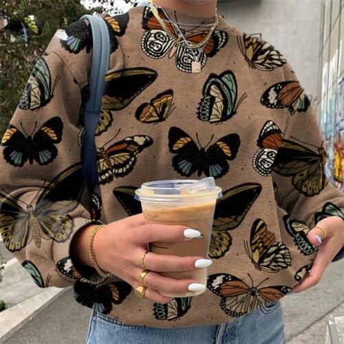Fashion Printed Sweater Womens Fall/winter 2021 New Loose Casual Butterfly Print Long-sleeved Round Neck All-match Blouse
