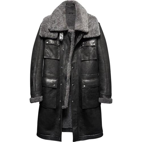 Mens Fur Shearling Sheepskin Genuine Leather Long Coat Jacket Mans Thick Winter Warm Coat Aviator Outerwear Pockets Trench