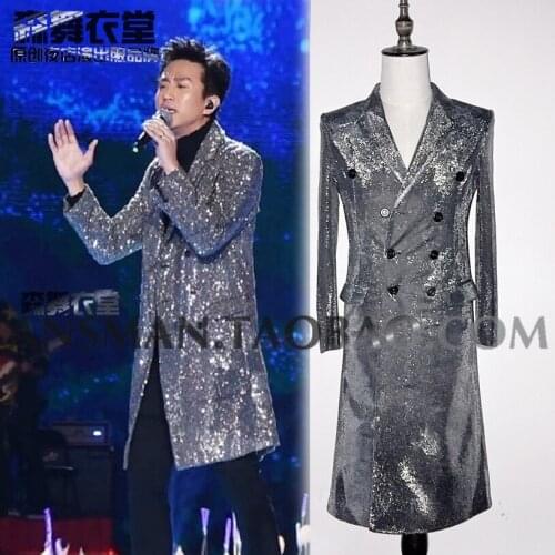 2020 New Mens Clothing Blazer Slim Silver Super Flash Long Double Breasted Suit Coats Plus Size Men Singer Stage Costumes