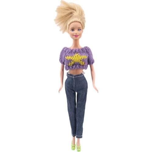 Doll Barbies Hand Set=Sweater Top+Jeans,Crystal High Heels=20 Pairs Shoes,Doll Clothes Accessories For Generation Birthday Gift