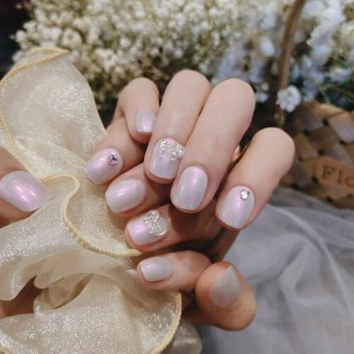 24pcs Grey Purple Aurora Fake Nails Round Head Glue Type Removable Short Paragraph Fashion Manicure Fully Covered Nail Decor NN