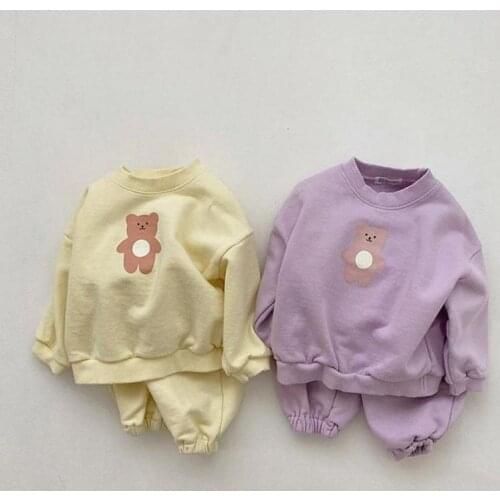 2021 New Children Clothing Boys Bear Print Long Sleeve Sweatshirt Set Fashion Girls Cartoon Sweatshirt Cotton Harem Pants Suit