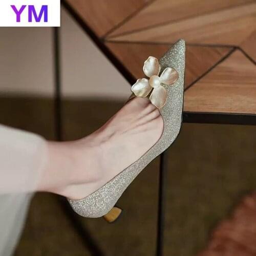 High Heels Shoes 2021 Rhinestone Ladies Pumps Office Shoes flowers Pointed Toe High Heels PU Leather Women Heels Shoes Size35-39