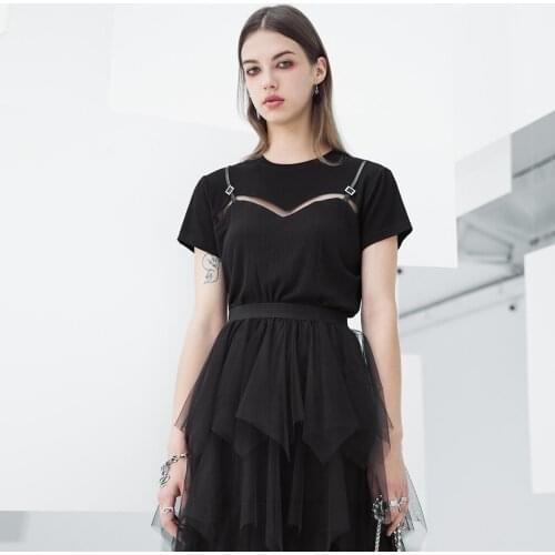 PUNKRAVE Womens Punk Fake Two Piece Slim Fit Short Sleeve T-shirt Mesh In Letter M-shaped Elastic Knit Top