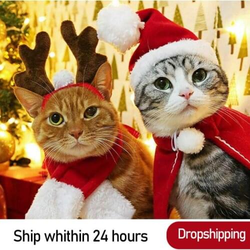 Christmas Clothes Warm Dog Cat Clothes Puppy Santa Claus Red Scarf Hat Deer Head Cute Dog Cloak Cat Costume Pet Warm Clothing