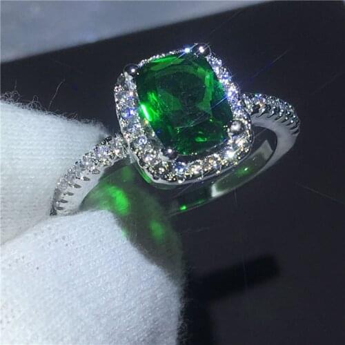 Christmas ring cushion cut Green 5A Zircon Crystal Silver color Engagement wedding band rings for women Festival Gift