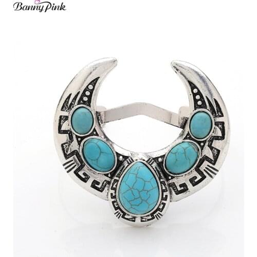 Banny Pink Bohemia Turquoises Cluster Cuff Bangle For Women Vintage Carved Moon Crescent Wristband Tribal Metal Wristlet Pulsera