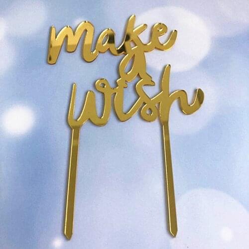 New Gold Laser Make Wish Acrylic Cake Topper Happy Birthday Cupcake Topper Supplies For Wedding Birthday Party Cake Decorations