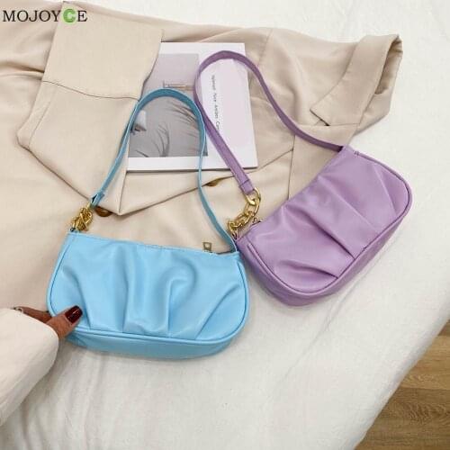 Vintage Women Pleated Thick Chain Pure Color Shoulder Underarm Bag Casual Ladies Small Handbag Purse