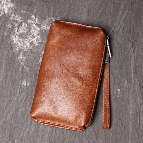 Natural Skin Vintage Men Clutch Bags Top Genuine Leather Casual Long Wallet Business Bags Small Phone Bag High Quality Purses