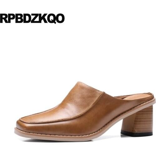 Wooden Women Vintage Sandals Retro Black Closed Toe High Heels Medium Brown Pumps Mules Slipper Cool Block Handmade Square Shoes
