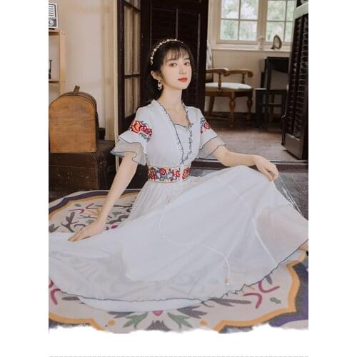 2021 Summer New Paragraph Womens Long Paragraph V-neck Ruffle Lace Up Fashion National Style Embroidery Swing Dress