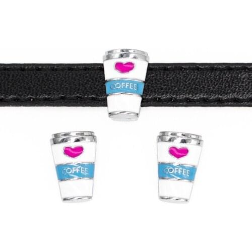 50PCS 8mm Alloy Enamel Heart Coffee Cup Slide Charms Beads DIY Accessories Handmade Bracelets Belt Strips Pet Name Collar