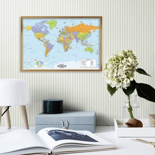 A2 Size The World Political Map Vinyl Spray Painting Canvas Waterproof Unframed Wall Map for Home Decor Office School Supplies