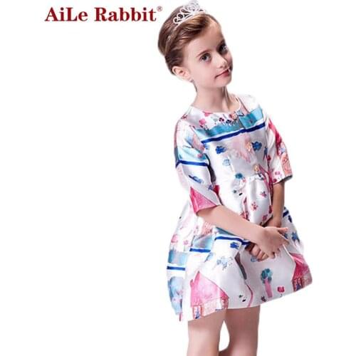AiLe Rabbit Baby Girls Cartoon Dress Kids Cloth Body Children A-line Dress European Princess Style Print Pattern Dresses