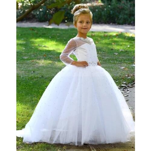 Ivory White Puffy First Communion Dress for Girls Tulle Long Sleeve Flower Girl Dress Wedding Christmas New Year Party