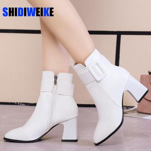 White Black Thick High Heel Ankle Boots Women 2021 Pointed Toe Keep Warm Elegant Short Booties Ladies Ankle Buckle Decoration