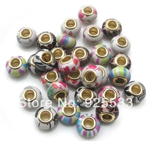 Free Shipping 100pcs 14mm Fashion Gold Color Core Big Hole Faux Ceramics Resin Beads for Eurpean Bracelet jewelry DIY