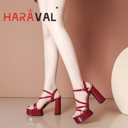 HARAVAL Women Sandals Shoes High Heels Thick Bottom Platform Back Strap Elegant Sexy Fashion Shoes Women Patent Leather B313