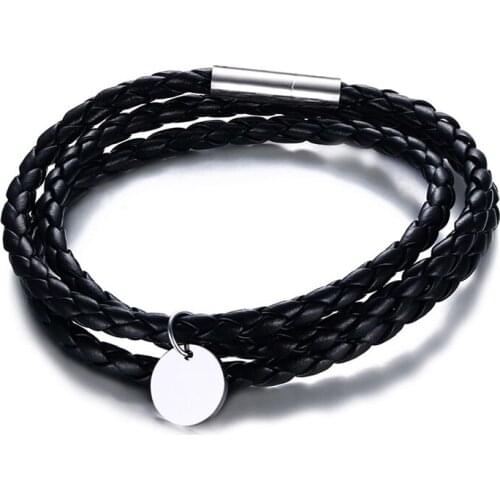 2021 Stainless Steel PU Leather Three Circle Rainbow Titanium Steel Multilayer Round Brand Bracelet Suitable For Women And Men