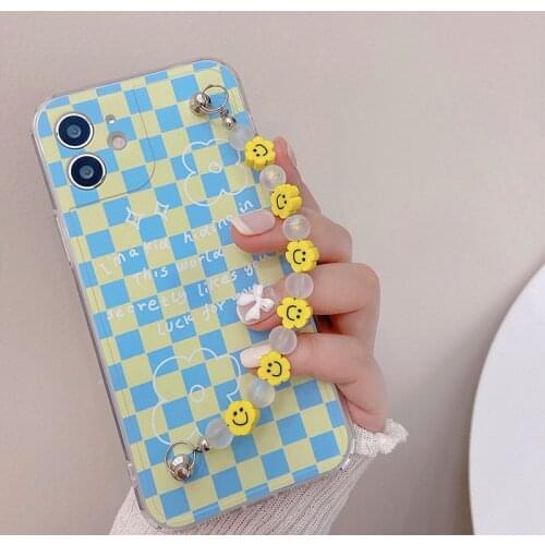 Korean INS Checkerboard Lattice Smiley Flowers Bracelet Chain Soft Case For IPhone 12 7 8 Plus 11 Pro Max XR X XS Max Back Cover