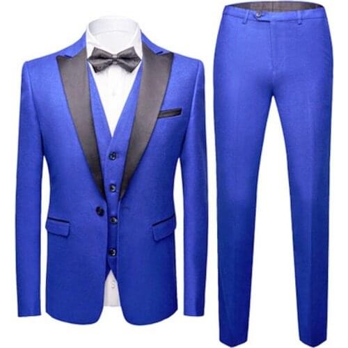 Custom Made Groomsmen Royal Blue Groom Tuxedos Peak Black Lapel Men Suits Wedding Best Man Blazer ( Jacket+Pants+Vest+Tie ) C482