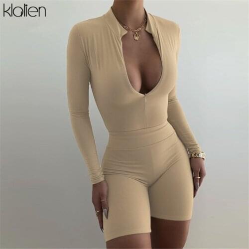 KLALIEN Women Spring Summer Casual Stretch Skinny Zipper Bodysuit Shorts Two Piece Set 2021 New Hot Sale Simple Solid Streetwear