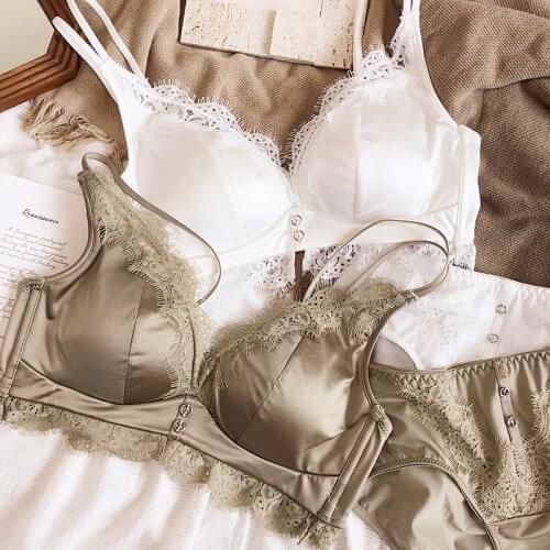 Satin lace border no steel ring small chest lingerie sets gather up thin thick bottom triangle cup bra panty set sexy underwear