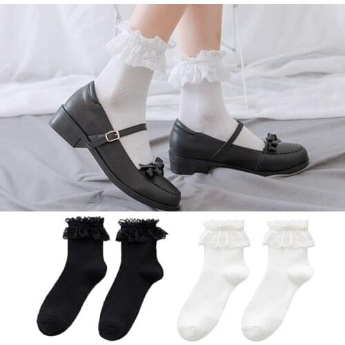 K3NF Japanese Lolita Style Lovely Mesh Short Crew Socks Harajuku Sweet Ruffled Lace Frilly Hollow Retro Cotton Mid Calf Hosiery