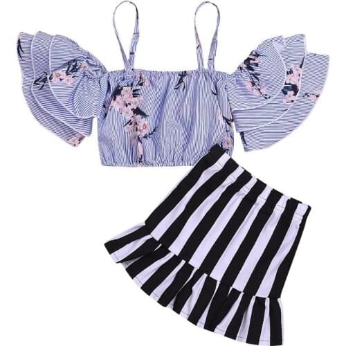 2019 Summer Girls Clothing Sets Children Strap T-shirt And Mermaid Skirt Suit Flying Sleeve T shirts Skirts Kids Clothes Sets