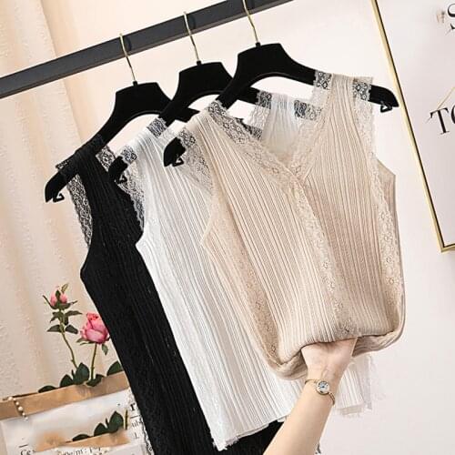 LJSXLS 2021 Lace Patchwork Knitted Tank Tops Women All-match V-neck Sleeveless Camisole Female Summer Clothes For Women BlackLJS