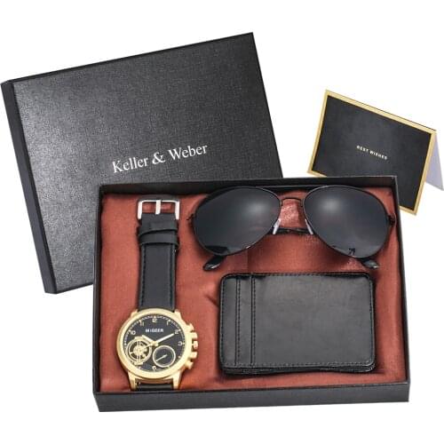 Mens Watch Gift Set Chic Yellow Case Quartz Digital Clock Black Credit Card Holder Wallet Sunglasses Man Fine Watches Gift Box