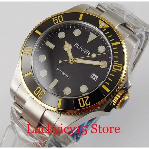 Japan Business NH35 Steel SUB Gold Coated 43mm Mechanical Men Watch Sapphire Crystal without Cyclops Mental Bracelet