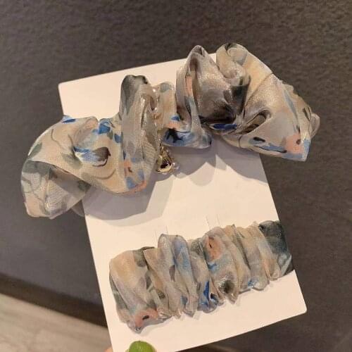 Korean New Pearl Pendant Scrunchies Silk Print Floral Elastic Hair Band Hair Clips Ponytail Holder Girls Hair Accessories Gifts